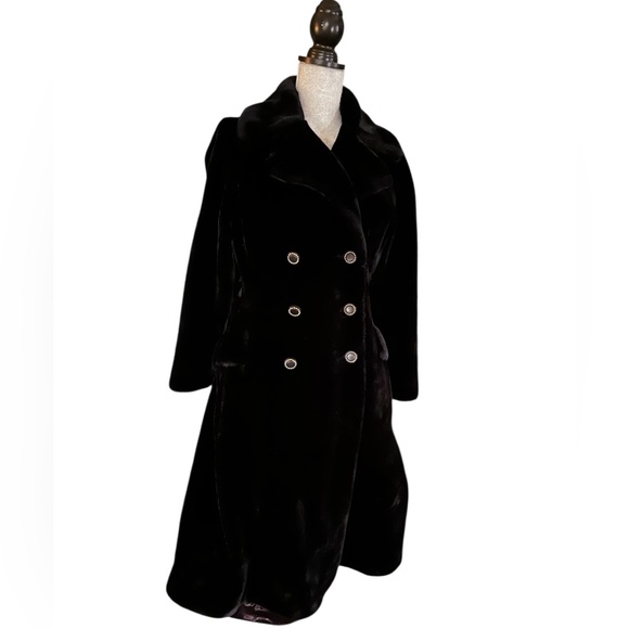 Vintage 60s Borgazia Double Breasted Black Faux Fur Coat w/ Gold Buttons - Picture 5 of 17